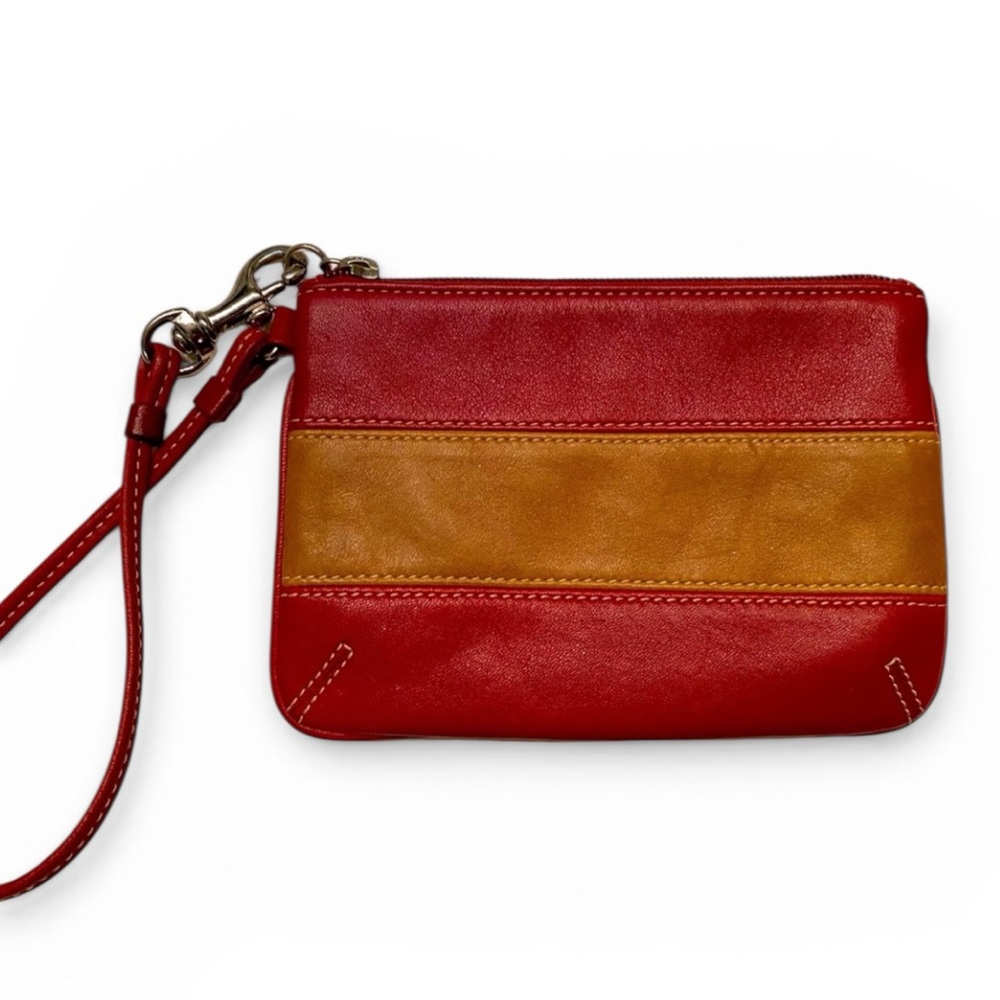 Coach Legacy Red Tan Colorblock Leather Top Stitch Wristlet Pouch Bag